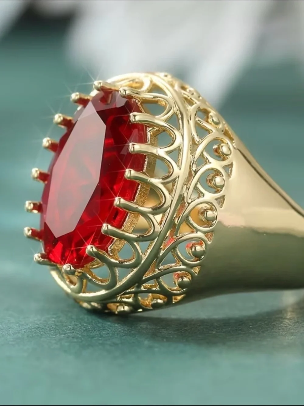 Gold Red Teardrop Cocktail Ring - Women Jewelry